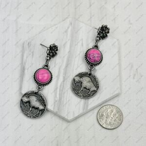 Silver Flower Buffalo Concho Pink Stone Dangle Earrings
